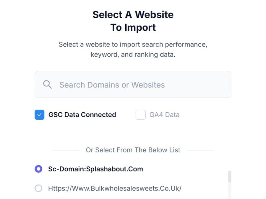 Choosing a Search Console property to import