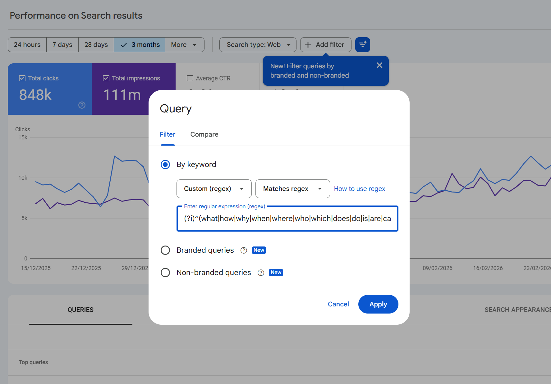 Google Search Console regex filter dialog showing Custom regex query matching