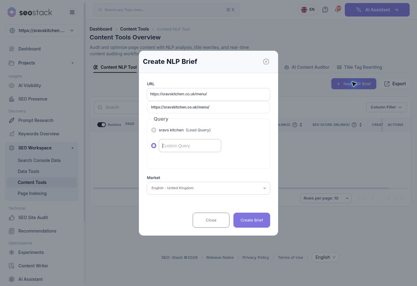NLP brief setup with URL, query and market controls.