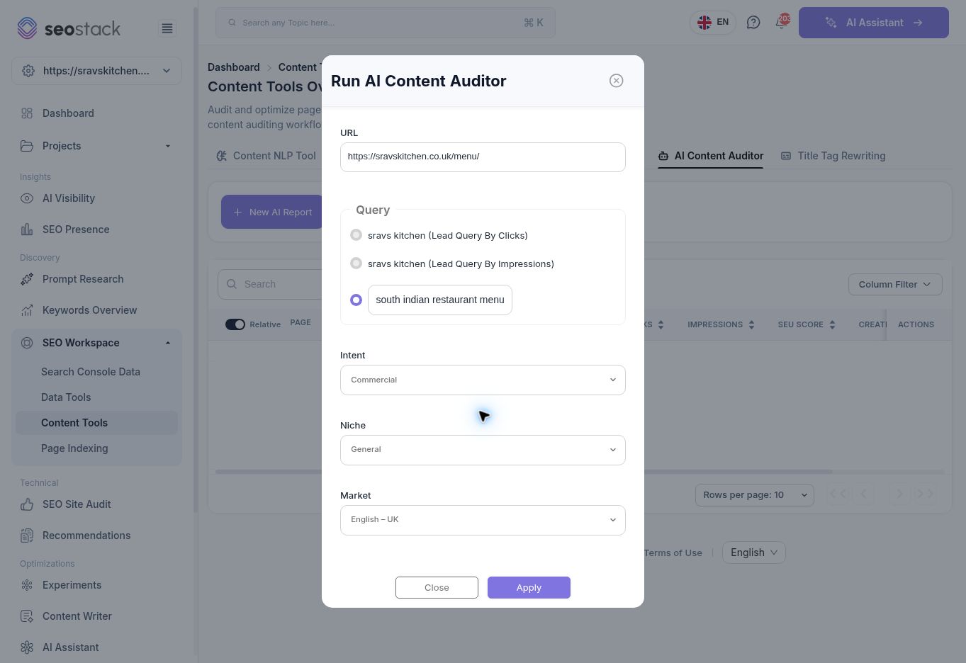 AI audit setup with the menu page, custom query, commercial intent and UK market.