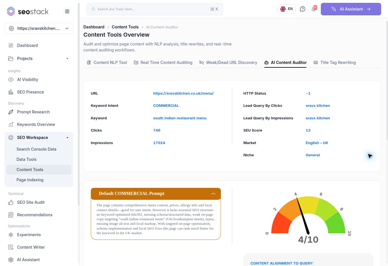 Generated content audit showing its context and the content-alignment score.