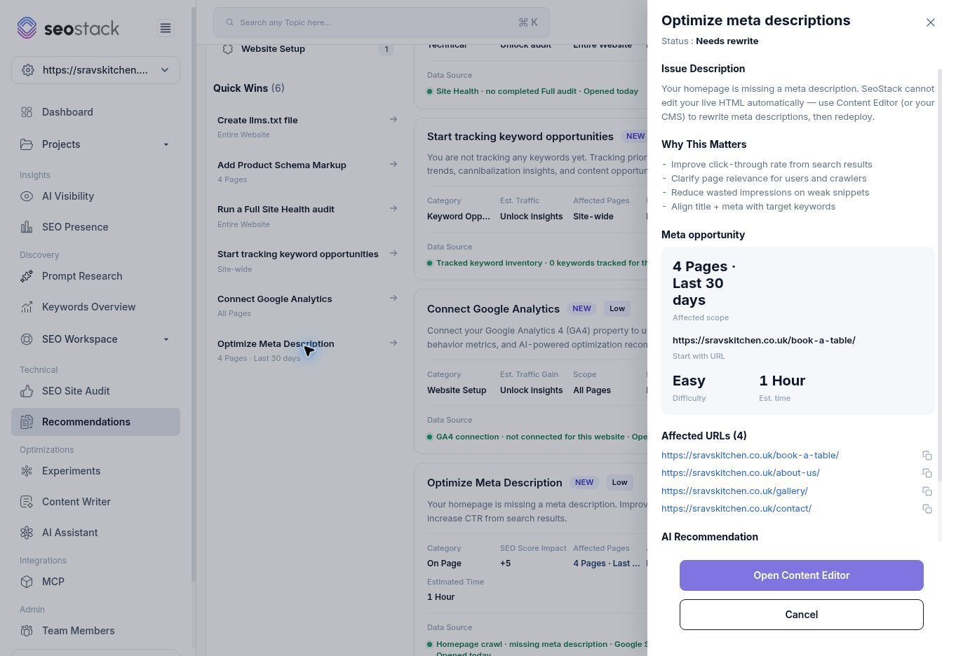 Meta-description fix guide with affected URLs and next action.