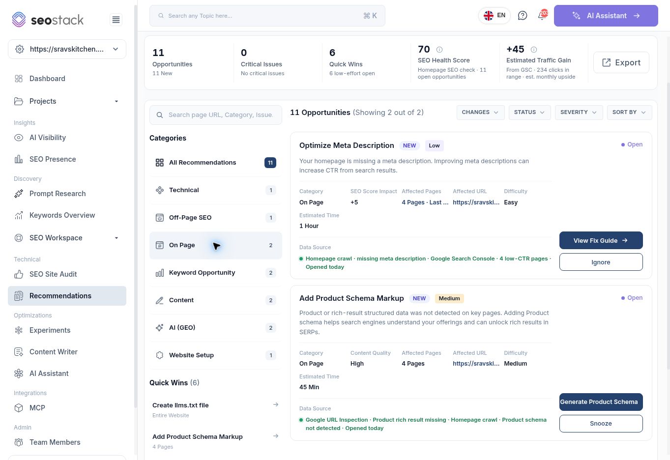 Recommendations filtered to On Page opportunities.