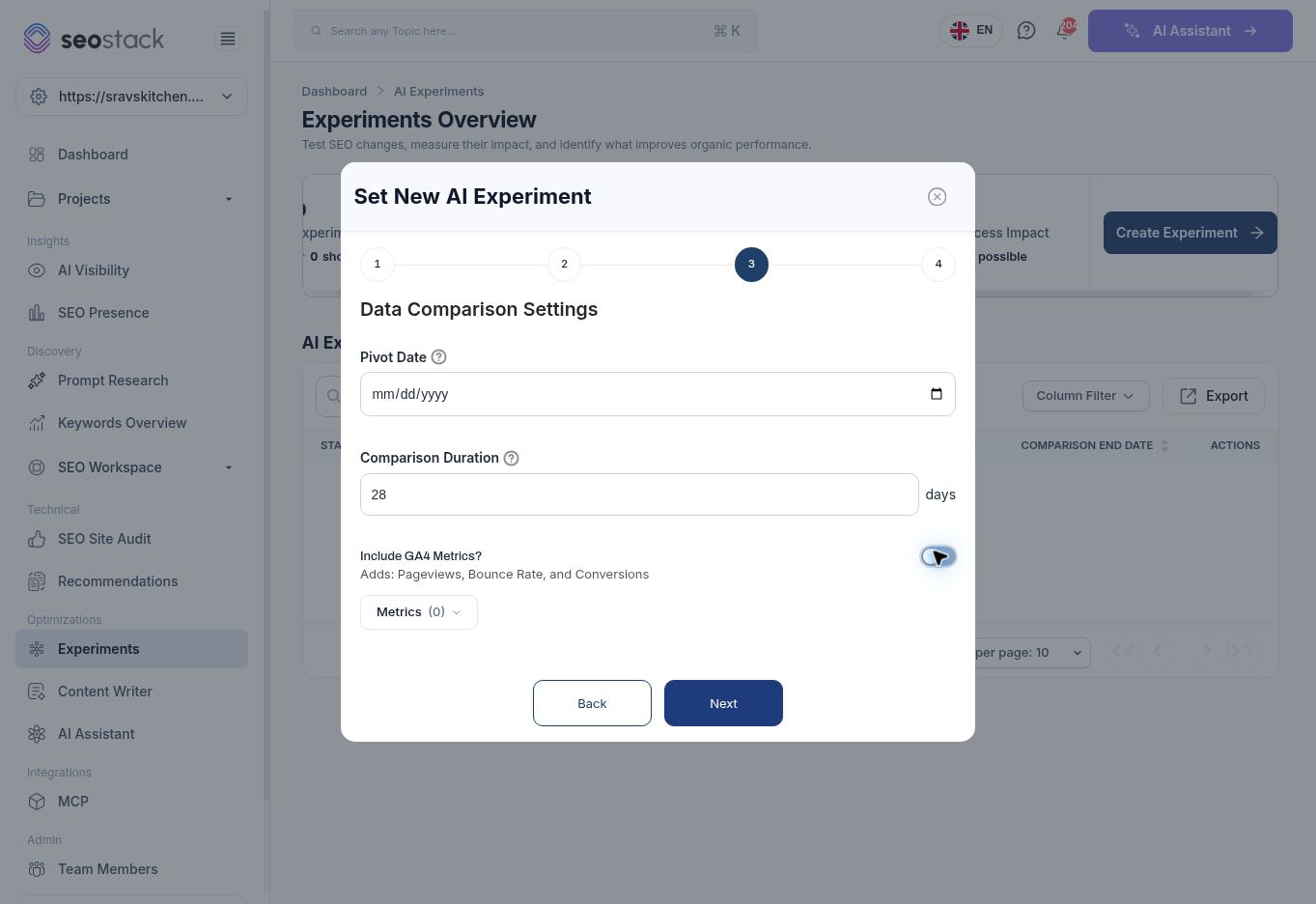 Experiment comparison settings with pivot date, duration and optional GA4 metrics.