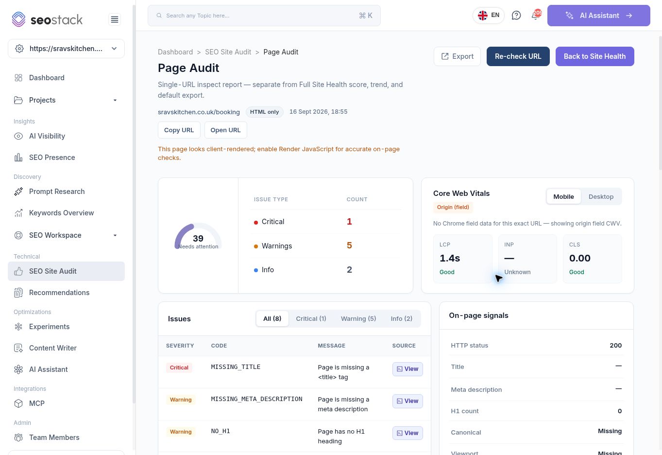 Page Audit with an HTML-only warning and issue details.