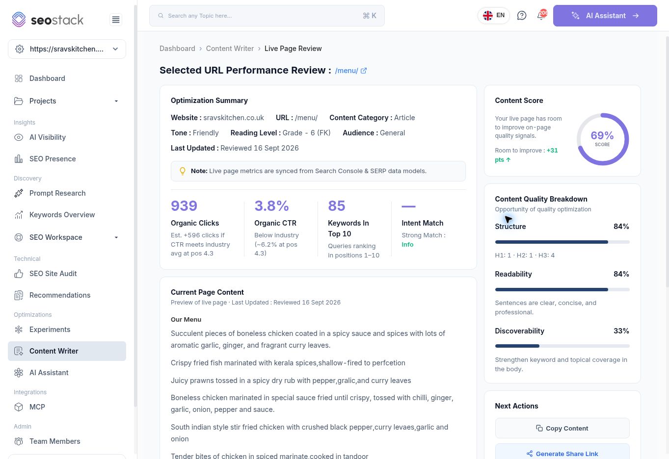 Live menu-page review with performance and content-quality measures.