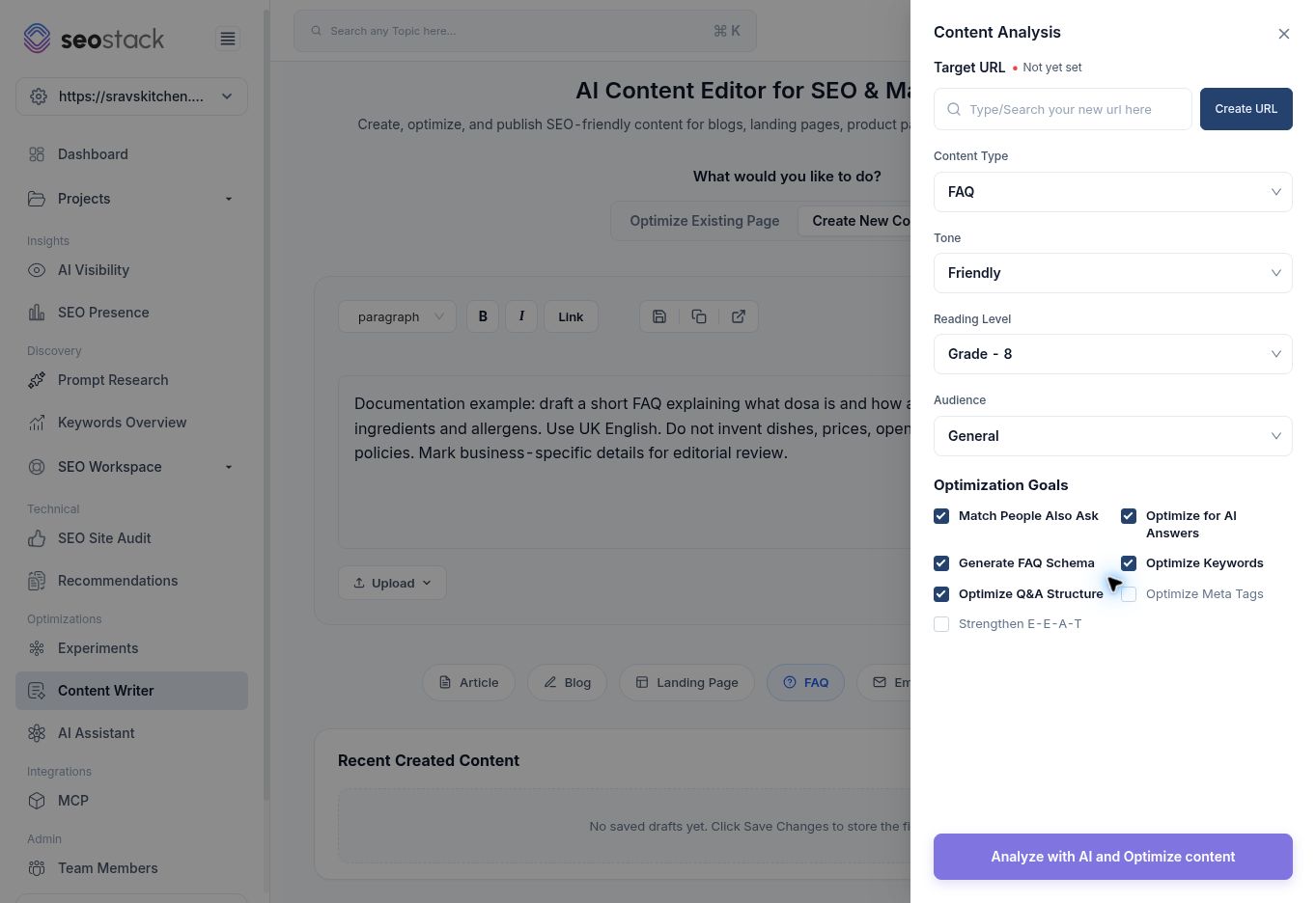 Content Analysis settings for a new FAQ.