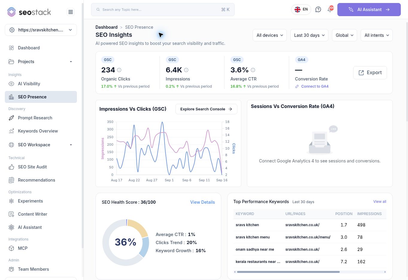 SEO Presence with search-performance metrics and source labels.