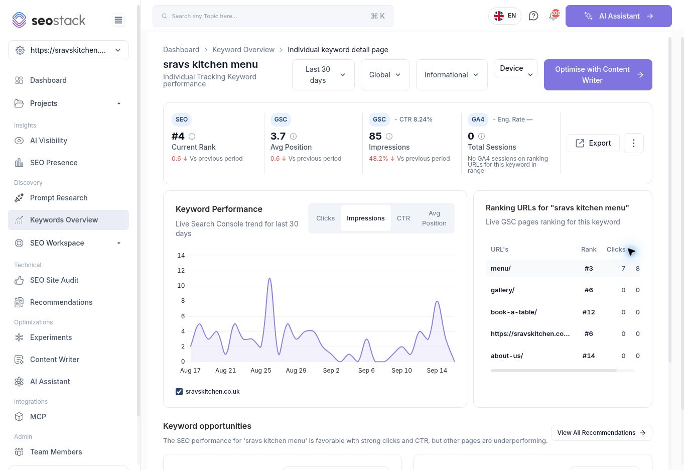 Individual keyword report for a branded menu query.