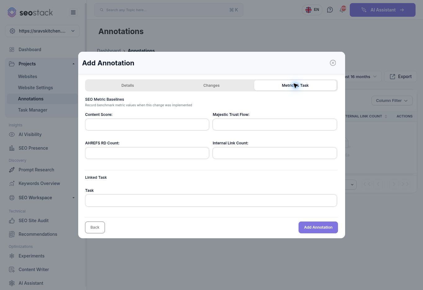 Annotation baseline metrics and linked-task fields.