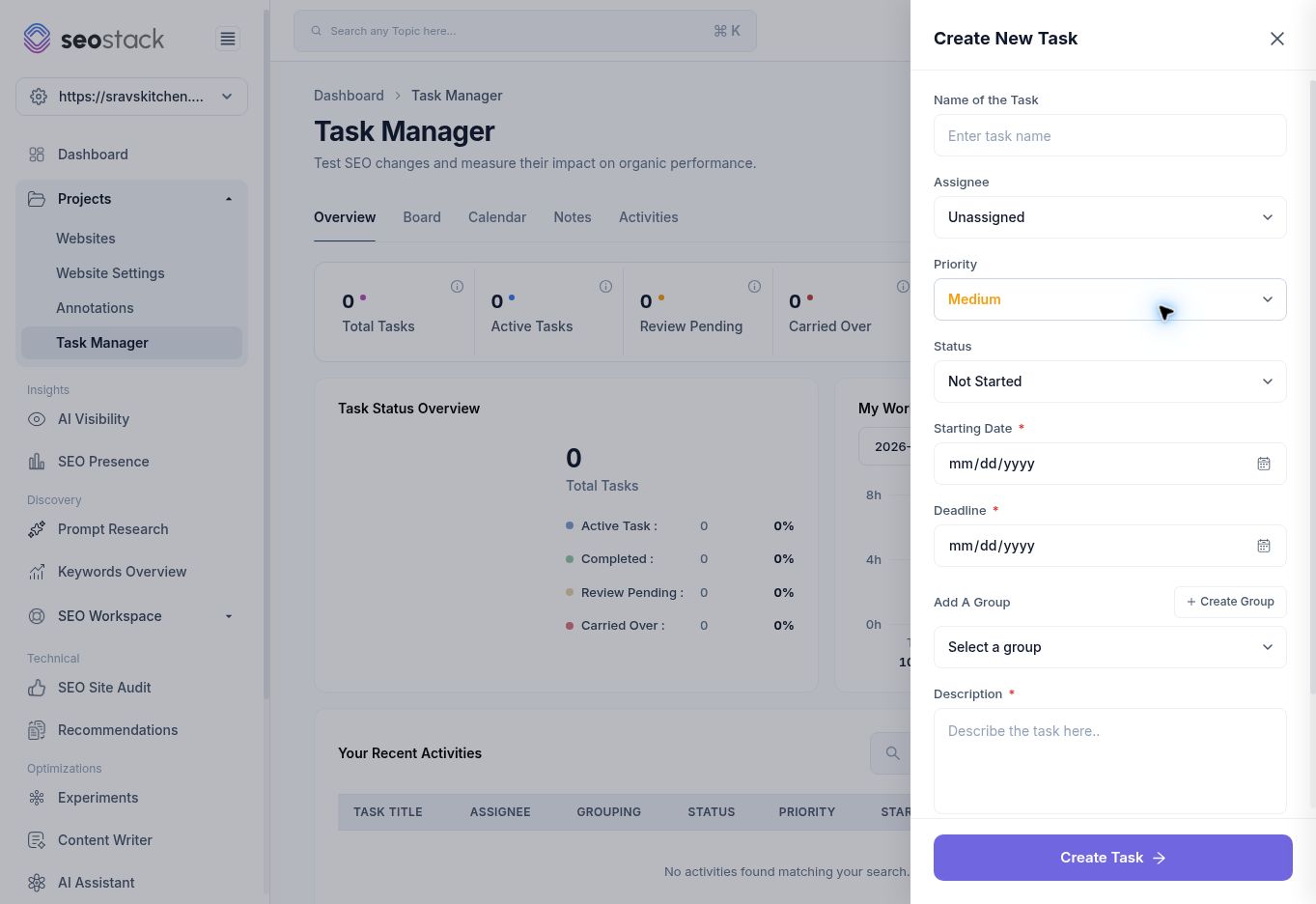 Task creation fields.