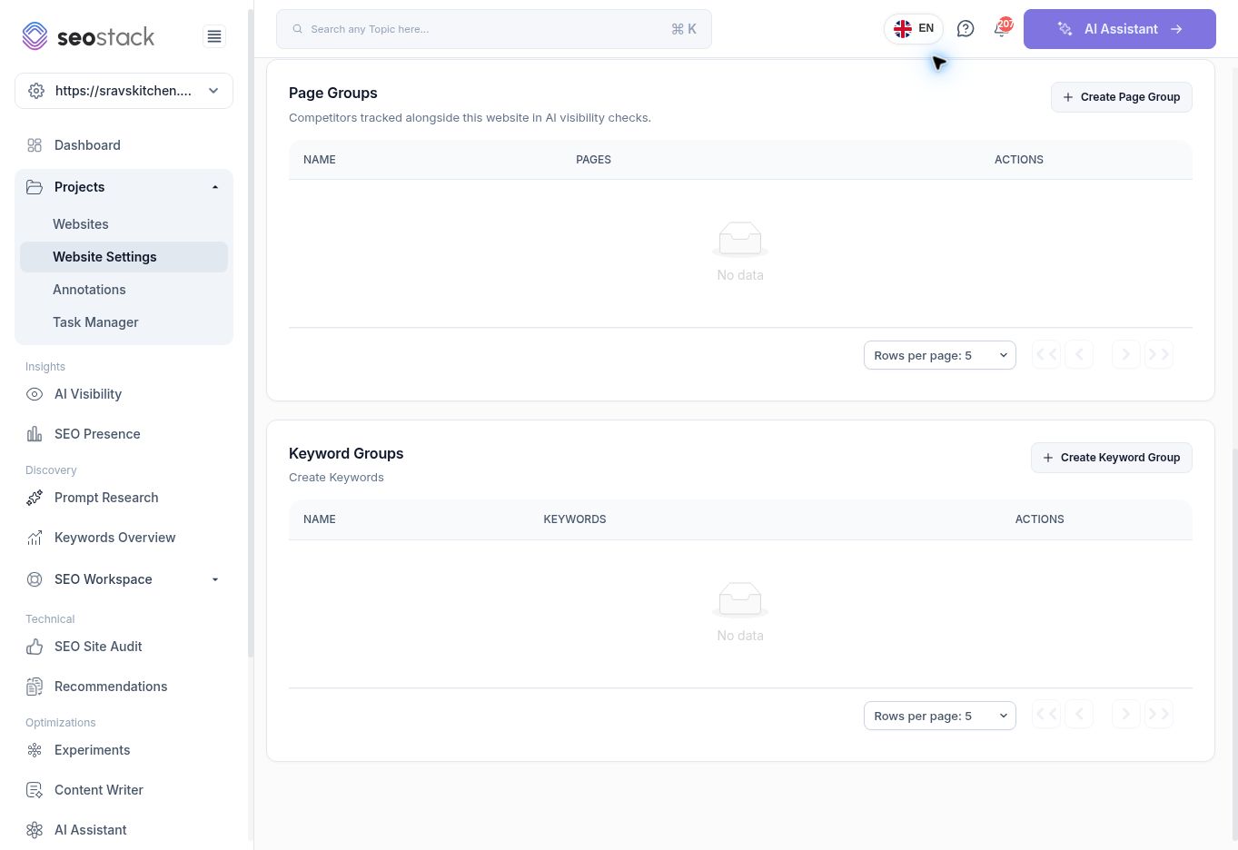 Page Groups and Keyword Groups on Website Settings.