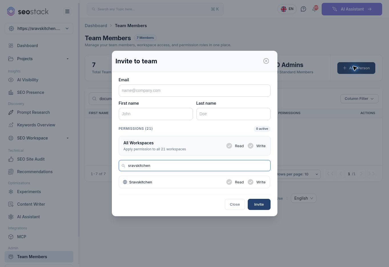 Invitation form filtered to a single workspace; no invitation was sent.