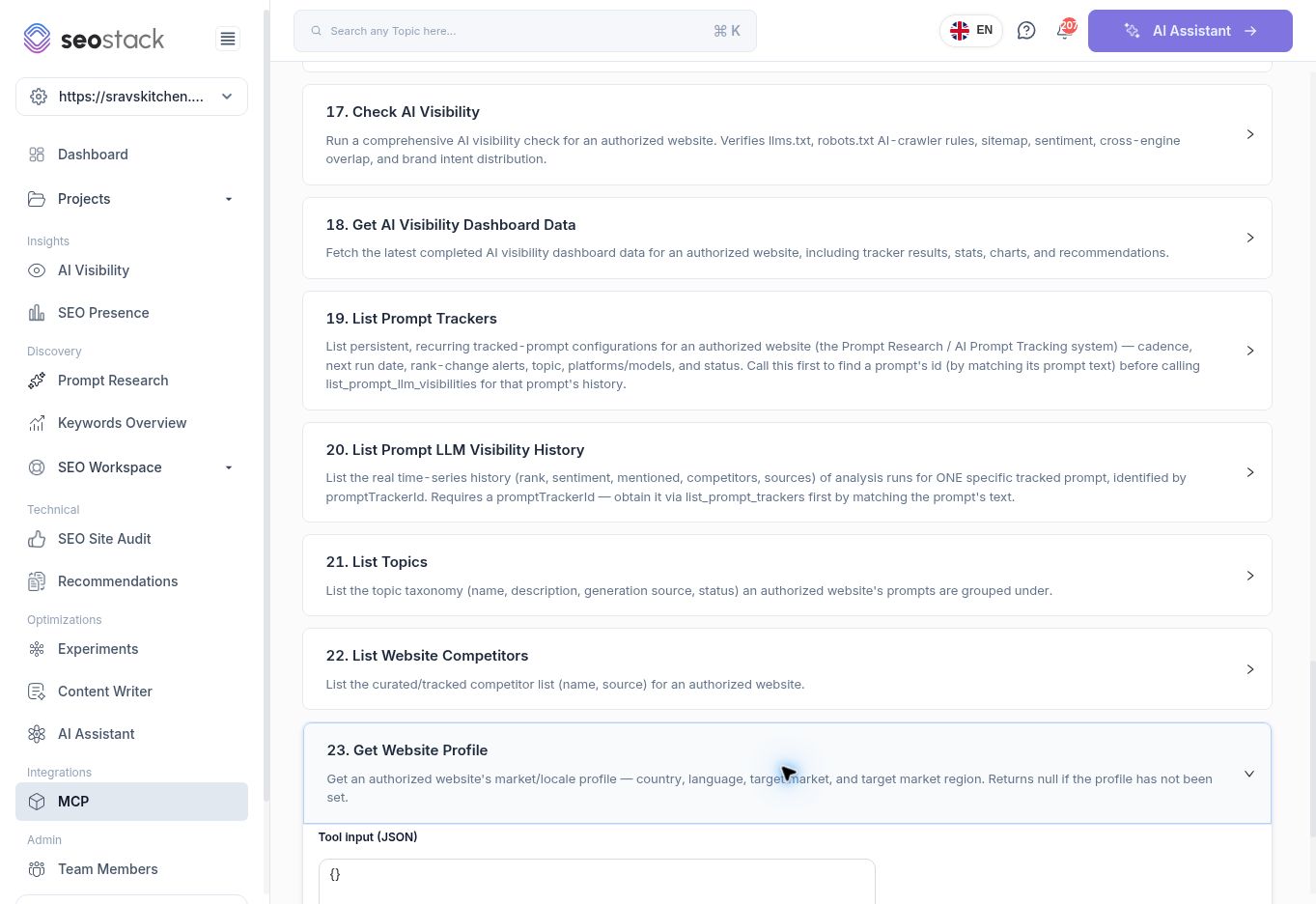 AI visibility, prompt history and website-context tools in the MCP catalogue.