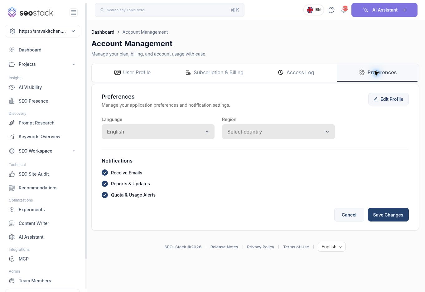 Account preferences and notification categories.