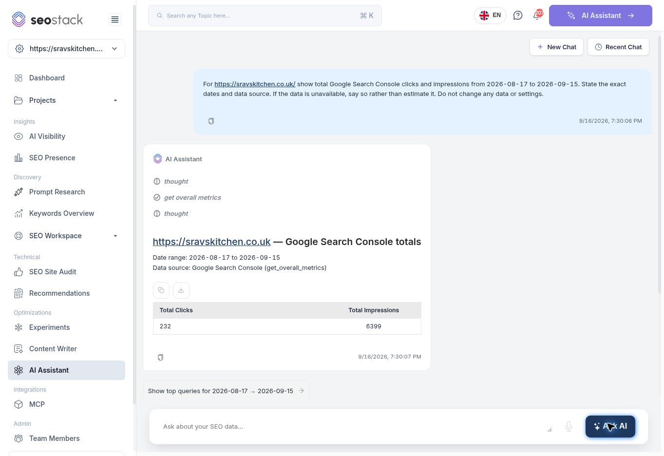 Completed AI Assistant response showing exact dates, source and metrics.