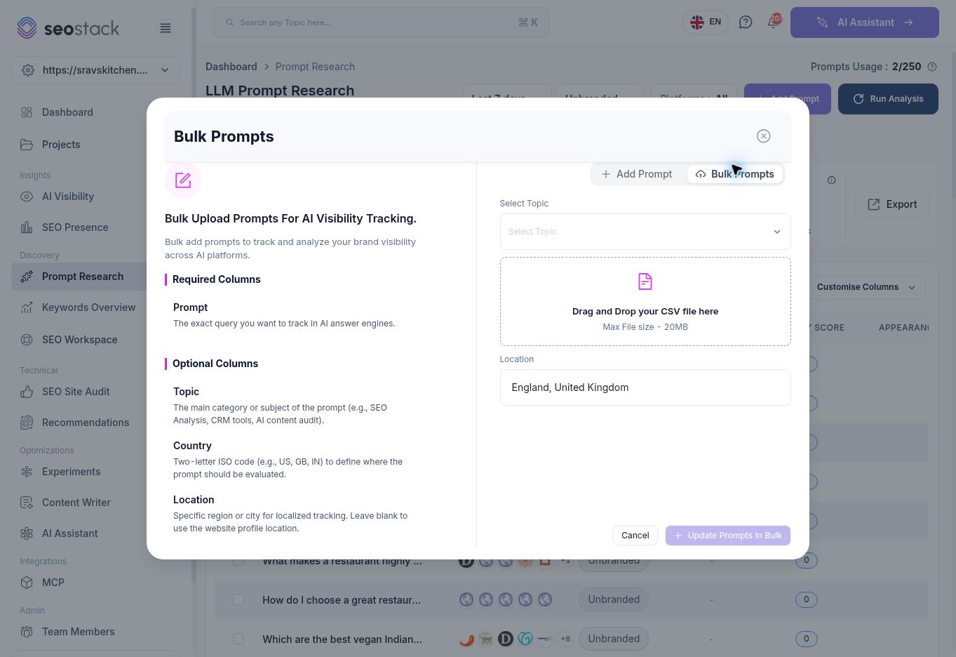 Bulk prompt form and documented CSV columns.