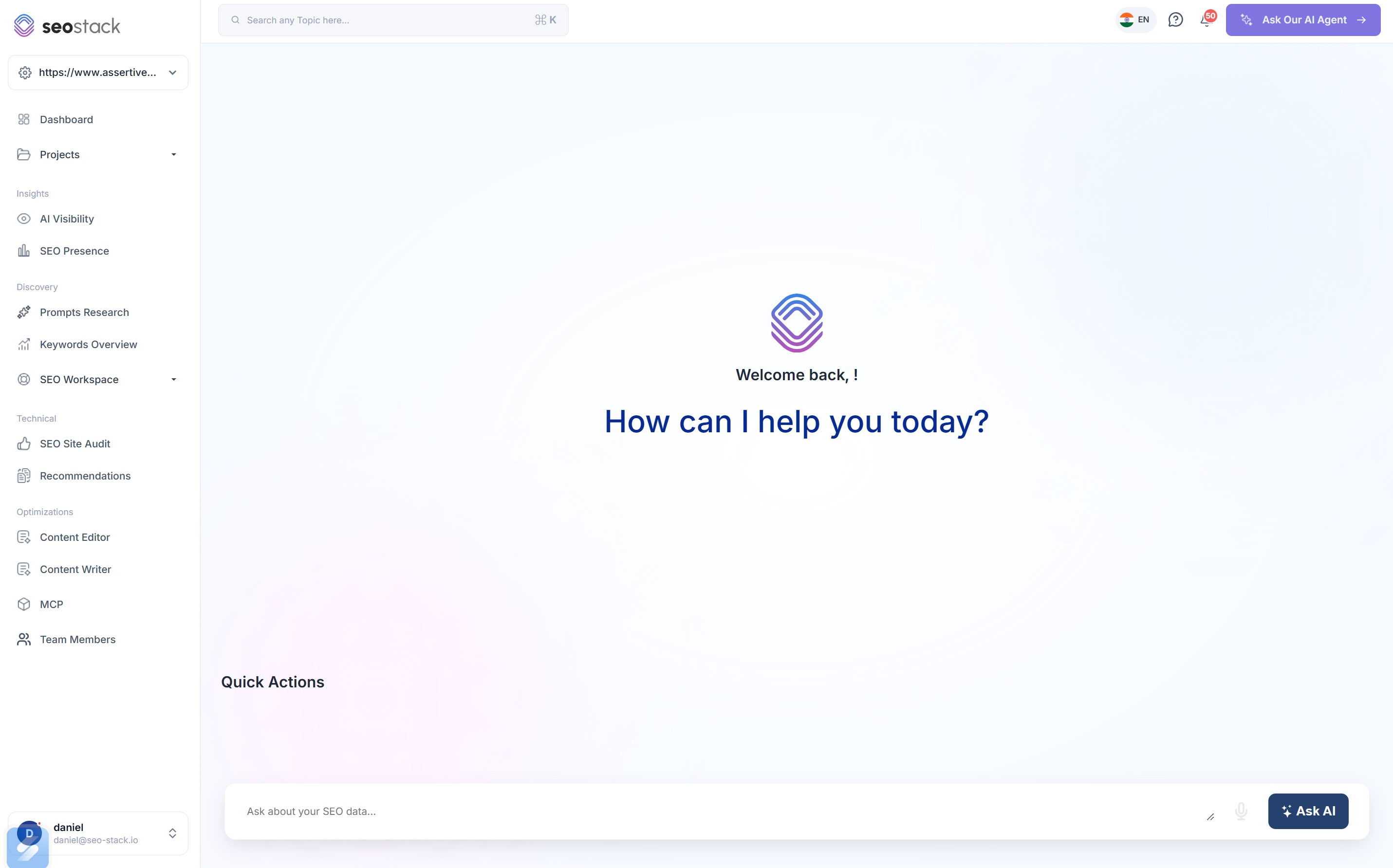 The AI Assistant in SEO Stack answering a question against warehoused Search Console and GA4 data
