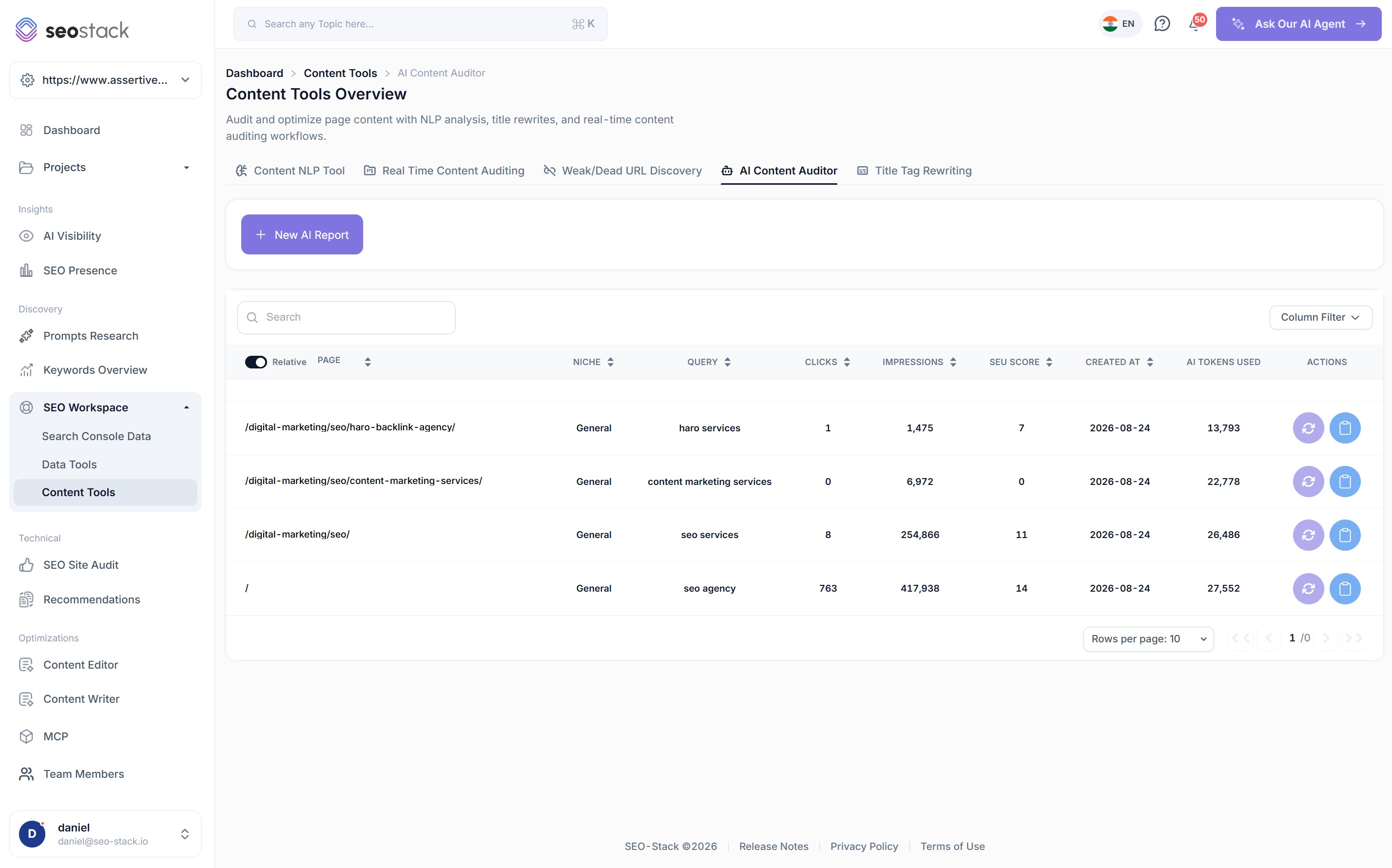The AI Content Auditor report list in SEO Stack with pages, niches, queries, clicks, impressions, SEU scores and token usage