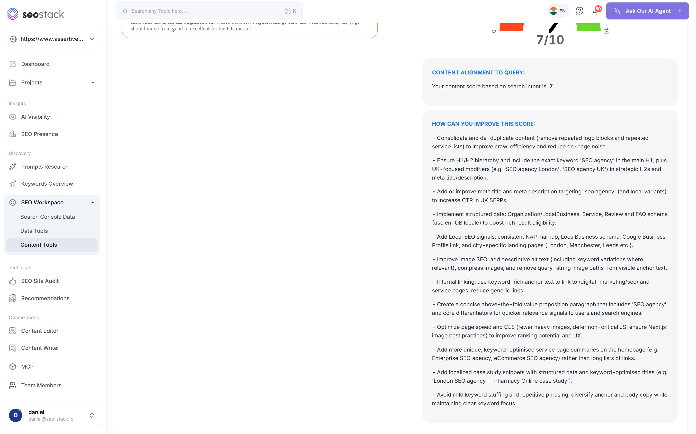 The improvement guidance in SEO Stack listing eleven specific changes to raise the content alignment score