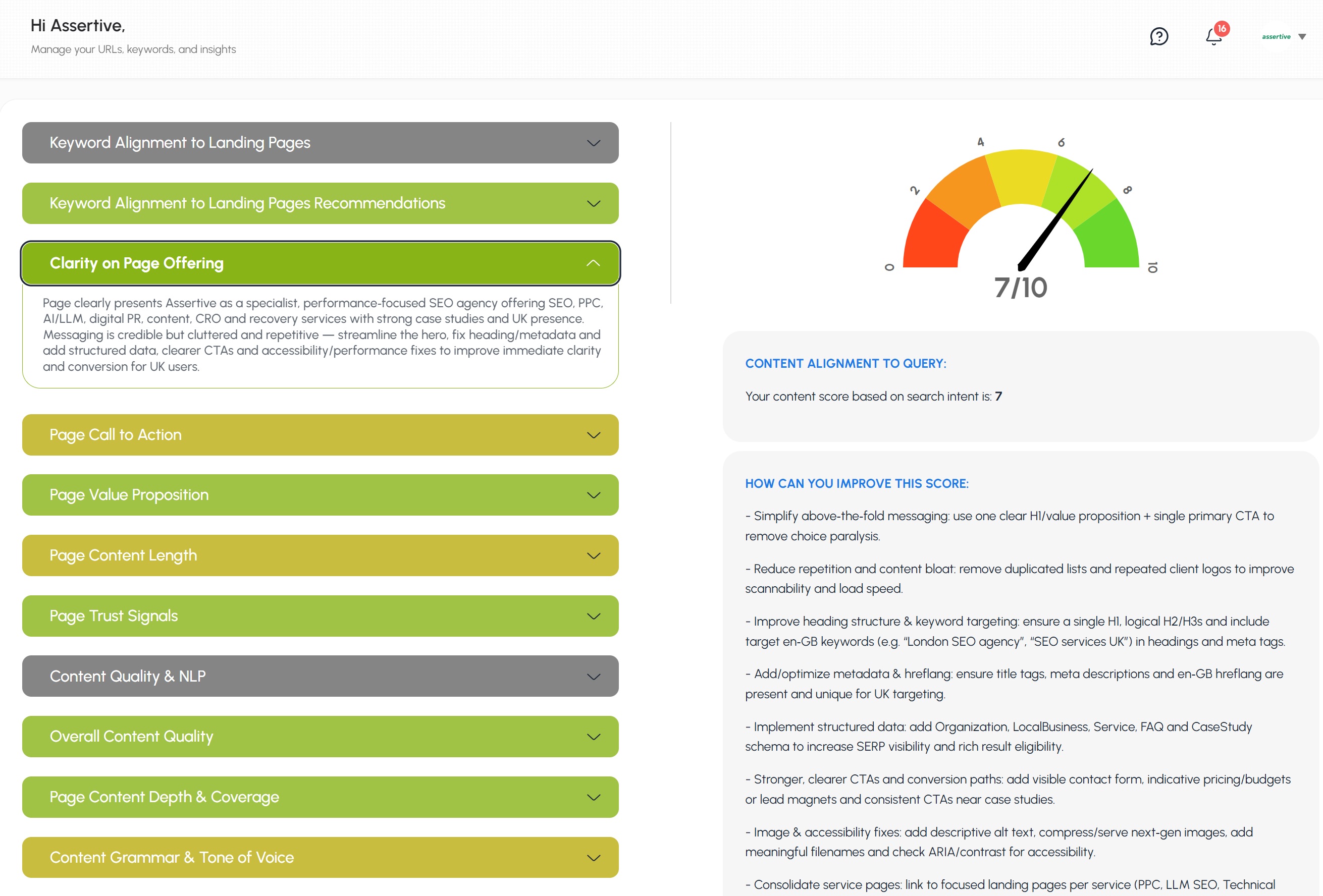 The colour coded content checks in SEO Stack with clarity on page offering expanded alongside the score dial