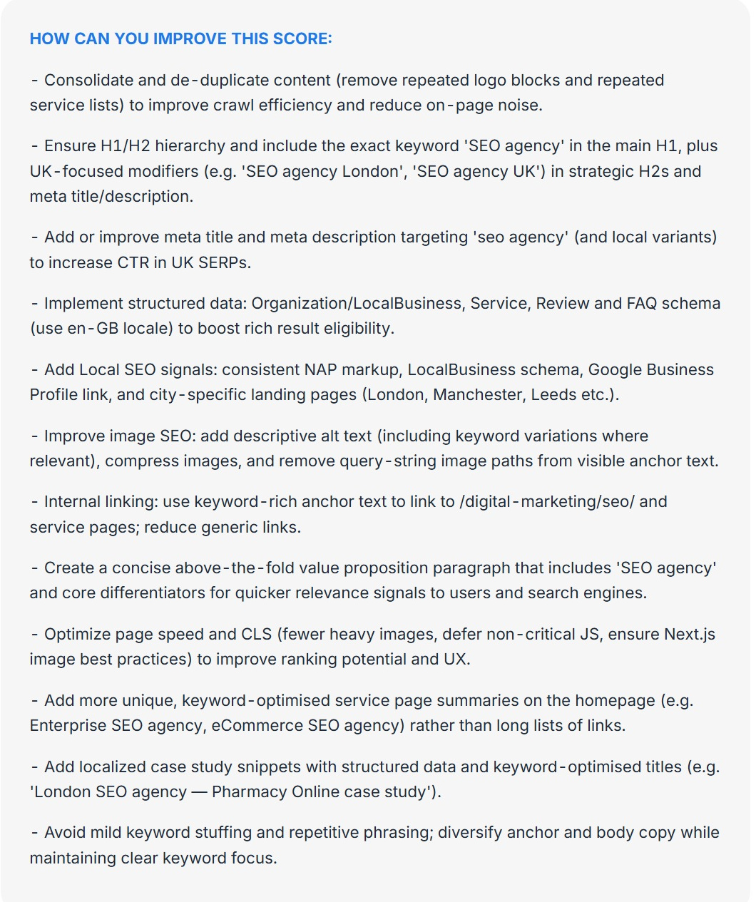 The how can you improve this score panel in SEO Stack, listing eleven specific changes for the page being audited