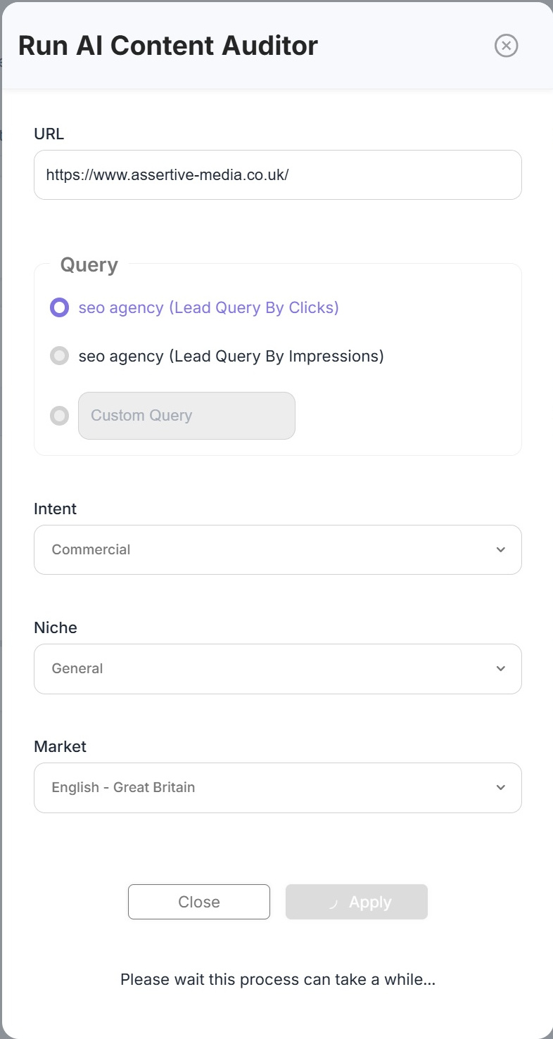 The Run AI Content Auditor panel in SEO Stack with the URL, the lead query options, the intent, the niche and the market