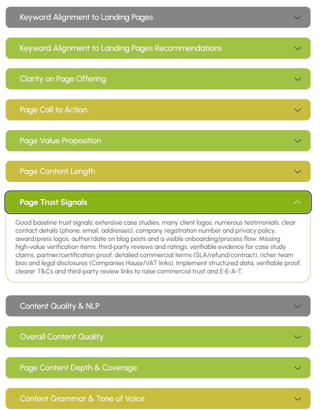 The colour coded content checks in SEO Stack, with page trust signals expanded to show the written finding