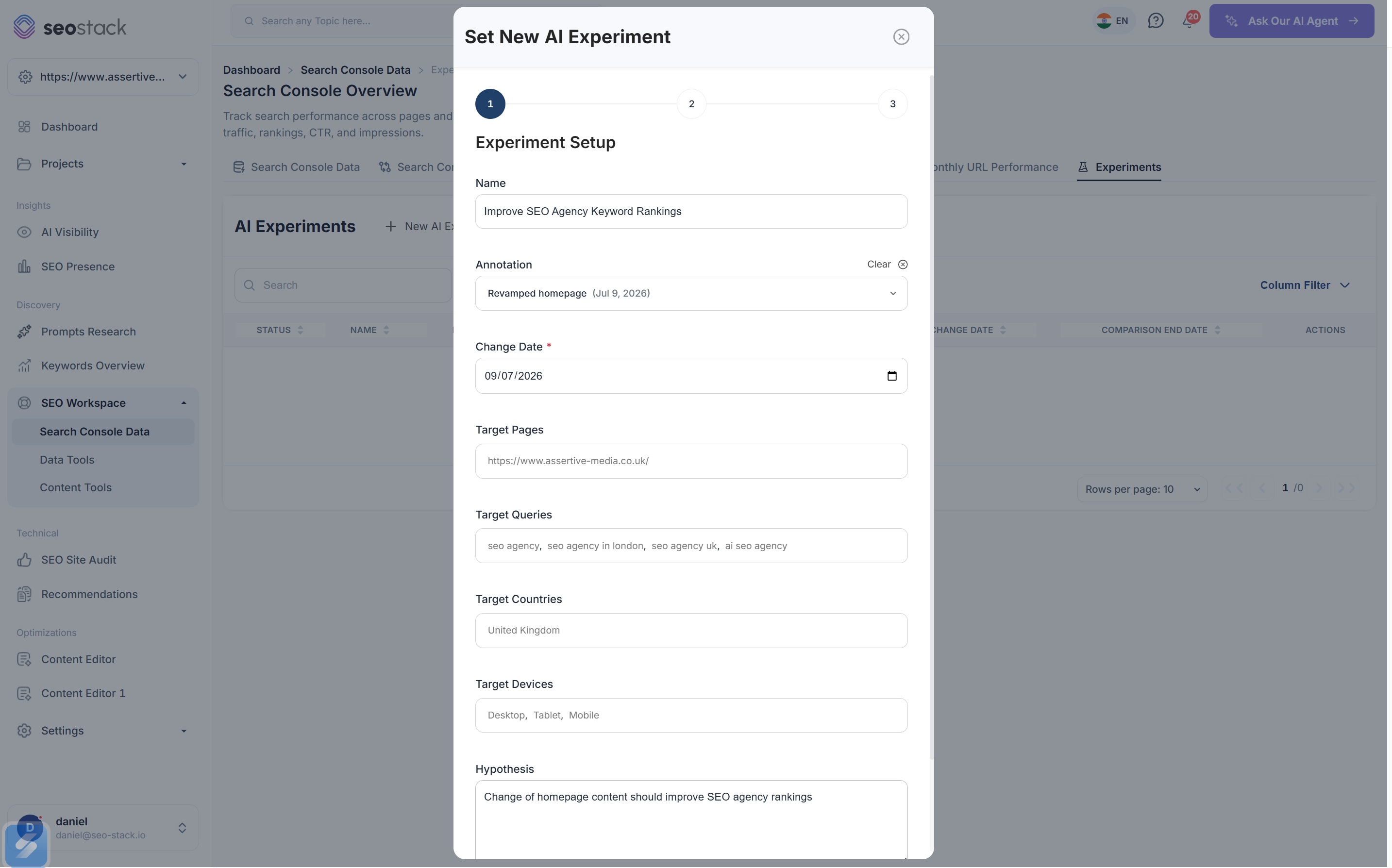 Step one of the new AI Experiment dialog in SEO Stack: name, annotation, change date, target pages, queries, countries, devices and hypothesis