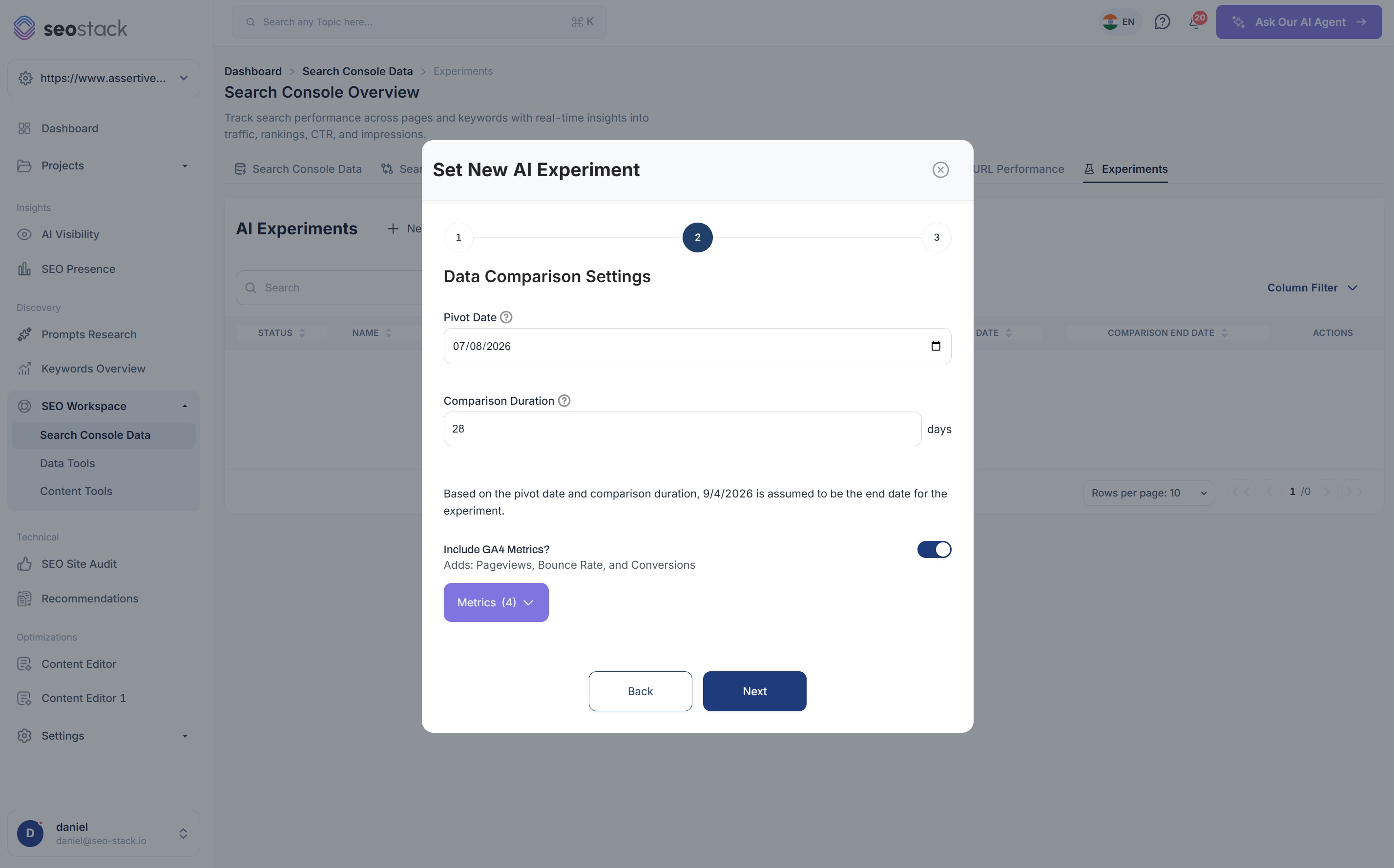 Step two of the new AI Experiment dialog: pivot date, comparison duration and the GA4 metrics toggle