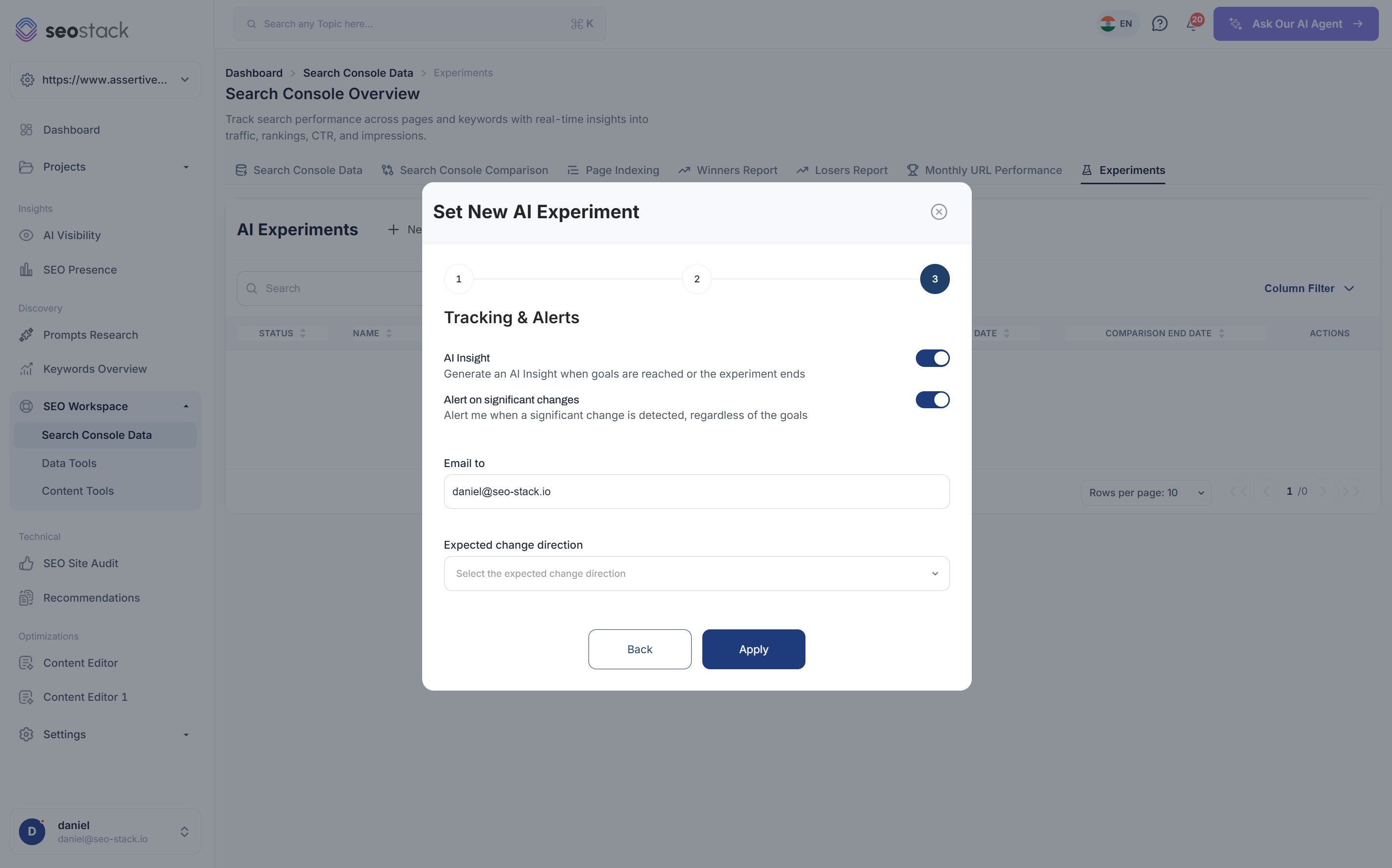 Step three of the new AI Experiment dialog: AI insight toggle, alert on significant changes, notification email and expected change direction