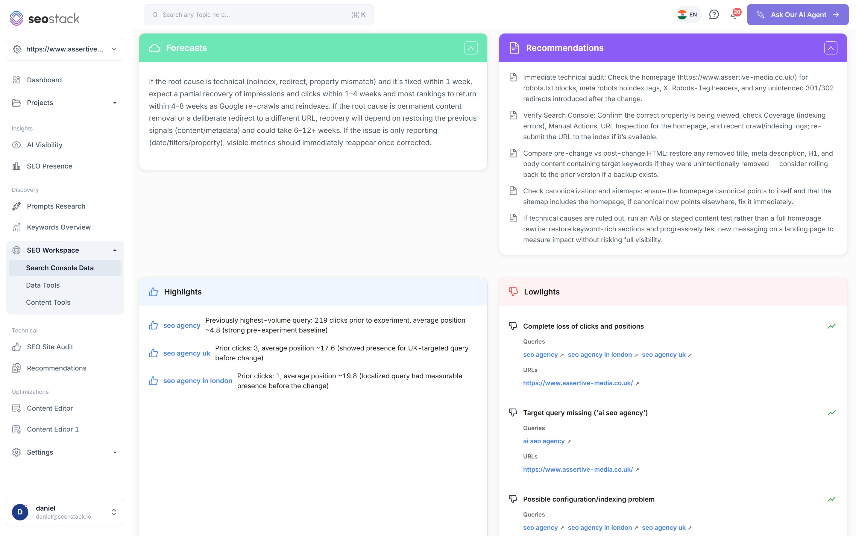 Forecasts, recommendations, highlights and lowlights for an experiment in SEO Stack