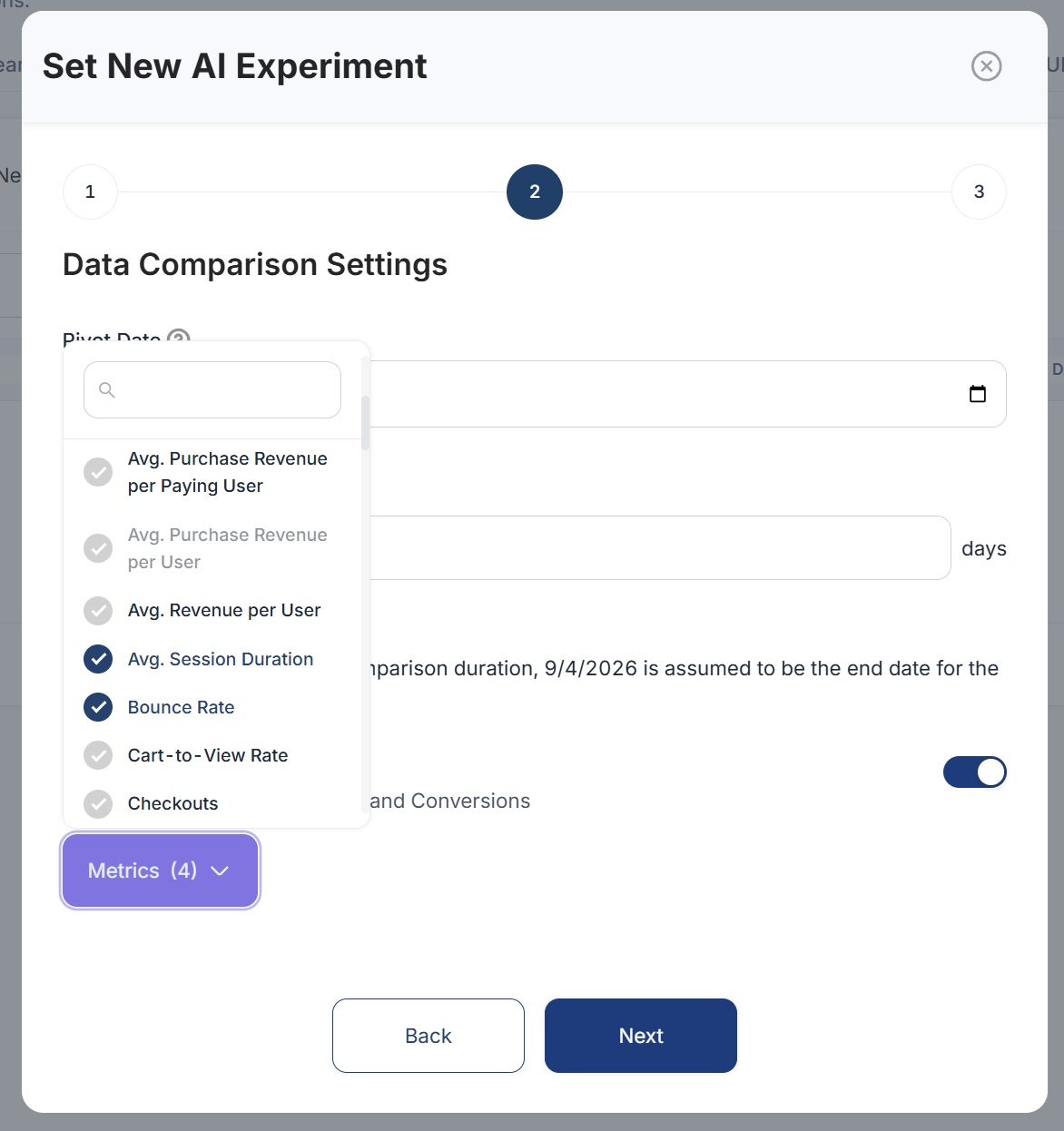 The GA4 metric picker in SEO Stack with average session duration and bounce rate selected