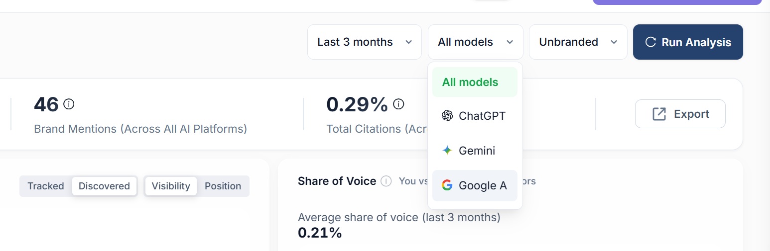 The model filter open in SEO Stack, listing All models, ChatGPT, Gemini and Google AI Mode alongside the date range and branded filters