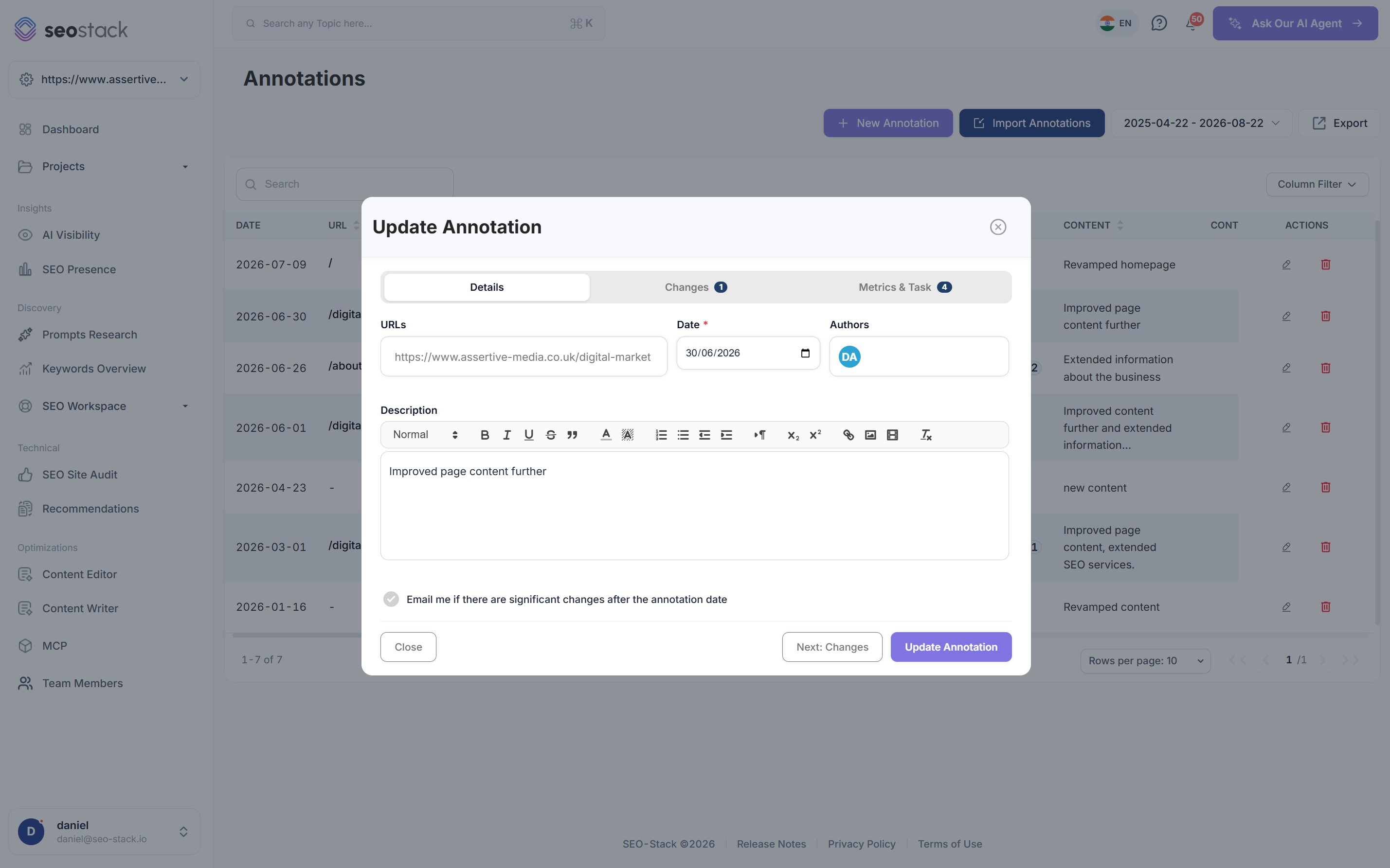 The annotation details tab in SEO Stack with the URL, date, author and a rich text description field
