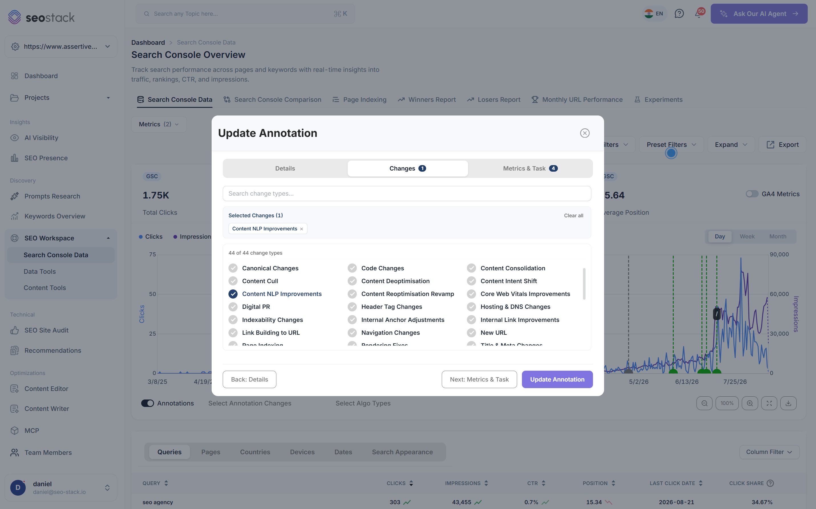 The change type library in SEO Stack listing 44 change types across content, technical, link and structural categories