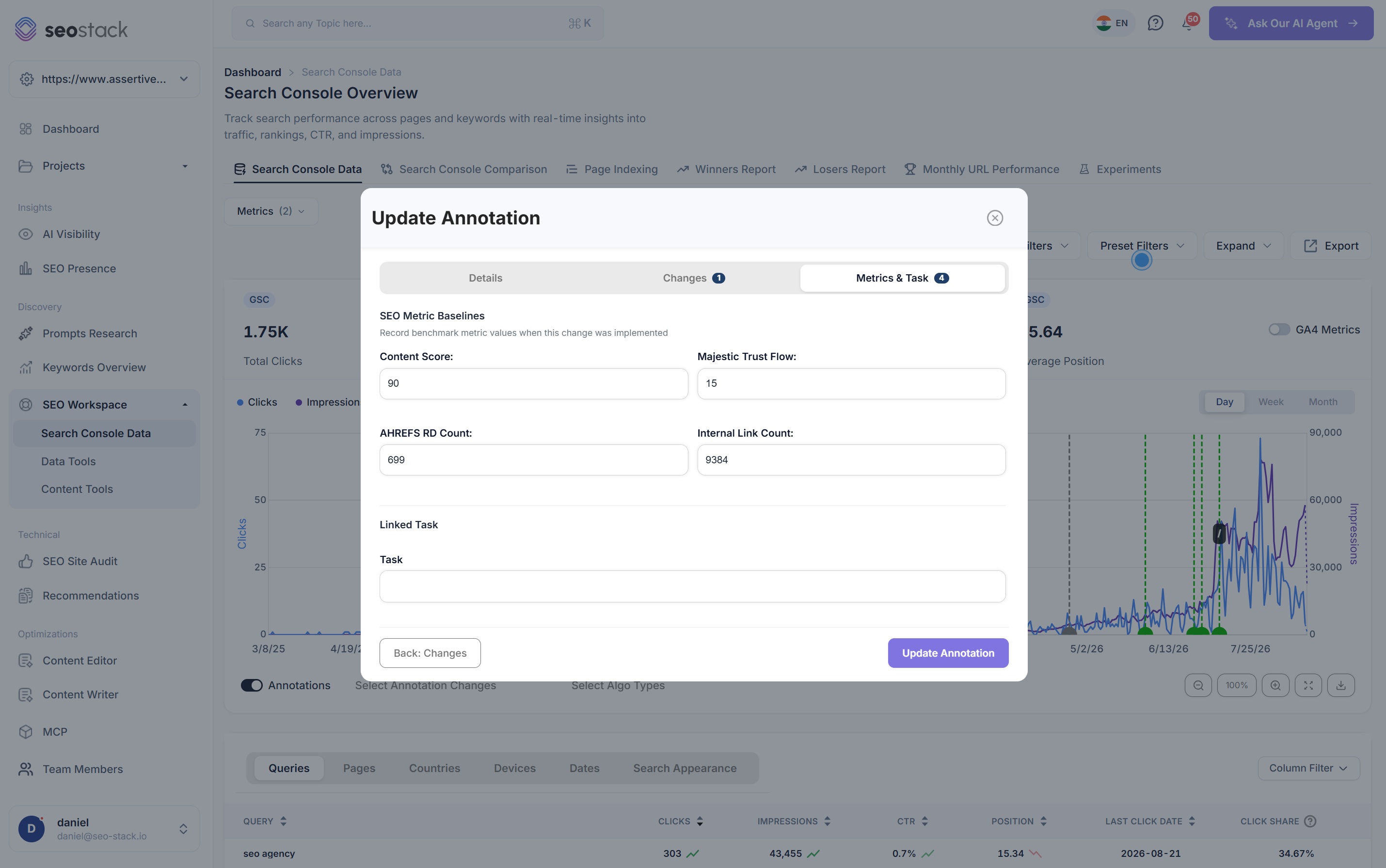 The SEO metric baselines tab in SEO Stack with content score, Majestic trust flow, referring domain count and internal link count