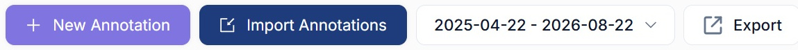 The new annotation, import annotations, date range and export controls above the annotations table in SEO Stack