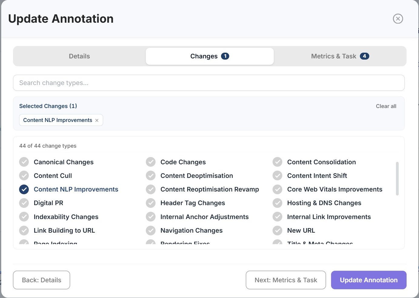 The changes tab of the annotation panel in SEO Stack showing the change type library with content, technical and link building options