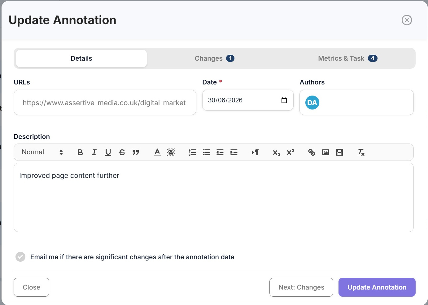 The details tab of the annotation panel in SEO Stack with URLs, date, authors, a rich text description and the change alert option