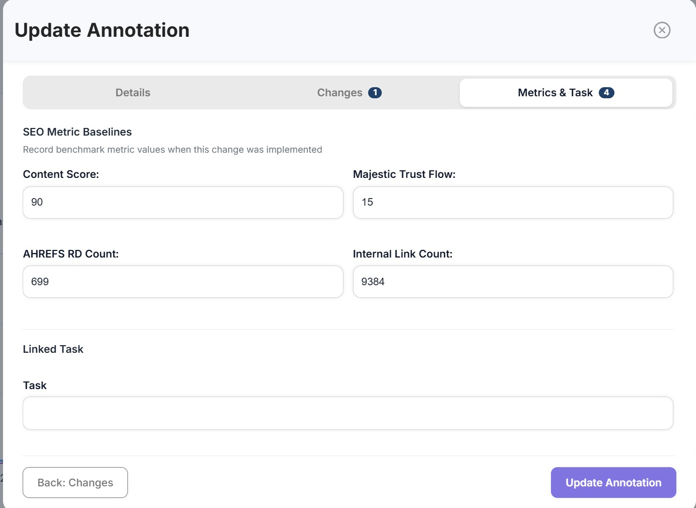 The metrics and task tab of the annotation panel in SEO Stack with content score, trust flow, referring domain count and internal link count baselines