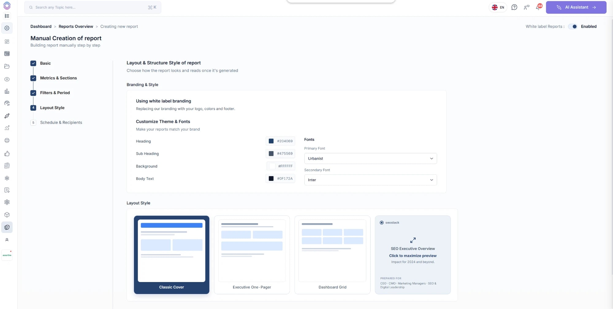 White label branding in SEO Stack, with heading, sub heading, background and body text colours, primary and secondary font pickers and the classic cover, executive one-pager and dashboard grid layouts