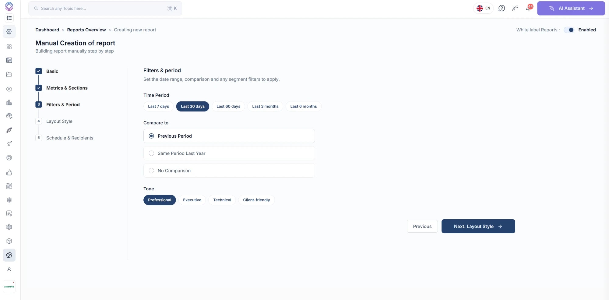 Filters and period in the SEO Stack report builder, with the time period, the comparison period and the tone the report is written in