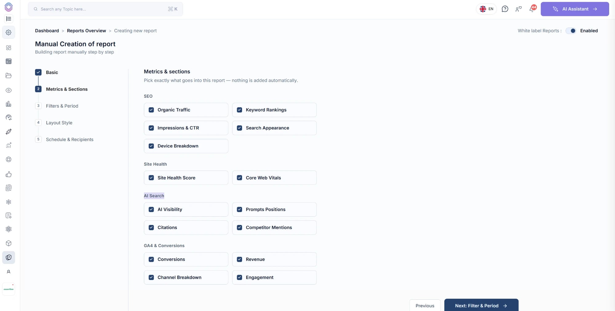 Choosing metrics and sections in the SEO Stack report builder, with SEO, site health, AI search and GA4 and conversions each offering their own set of sections to include