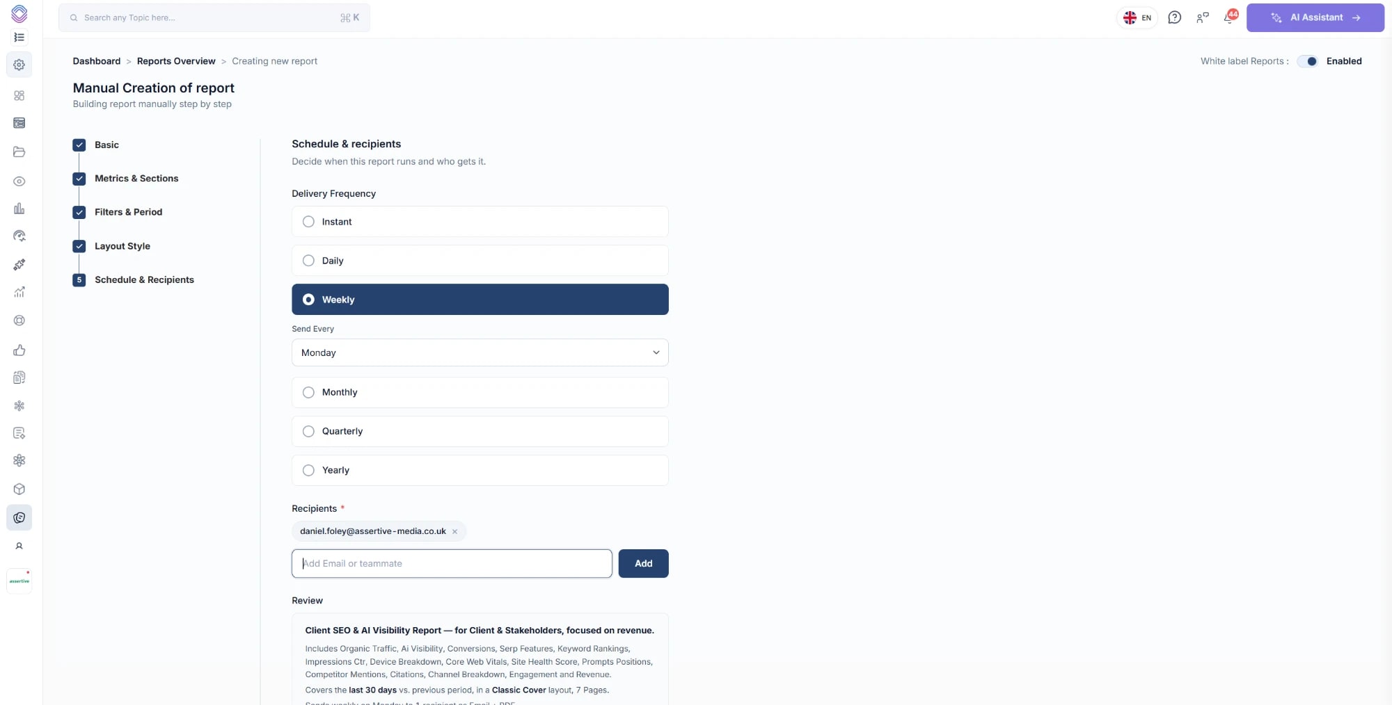 Schedule and recipients in SEO Stack, with delivery frequency set to weekly on a Monday, a recipient added by email and a review of everything the report will contain