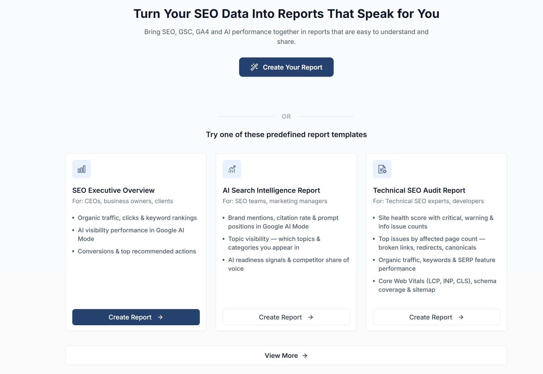 The predefined report templates in SEO Stack, showing the SEO Executive Overview, AI Search Intelligence Report and Technical SEO Audit Report with what each one contains