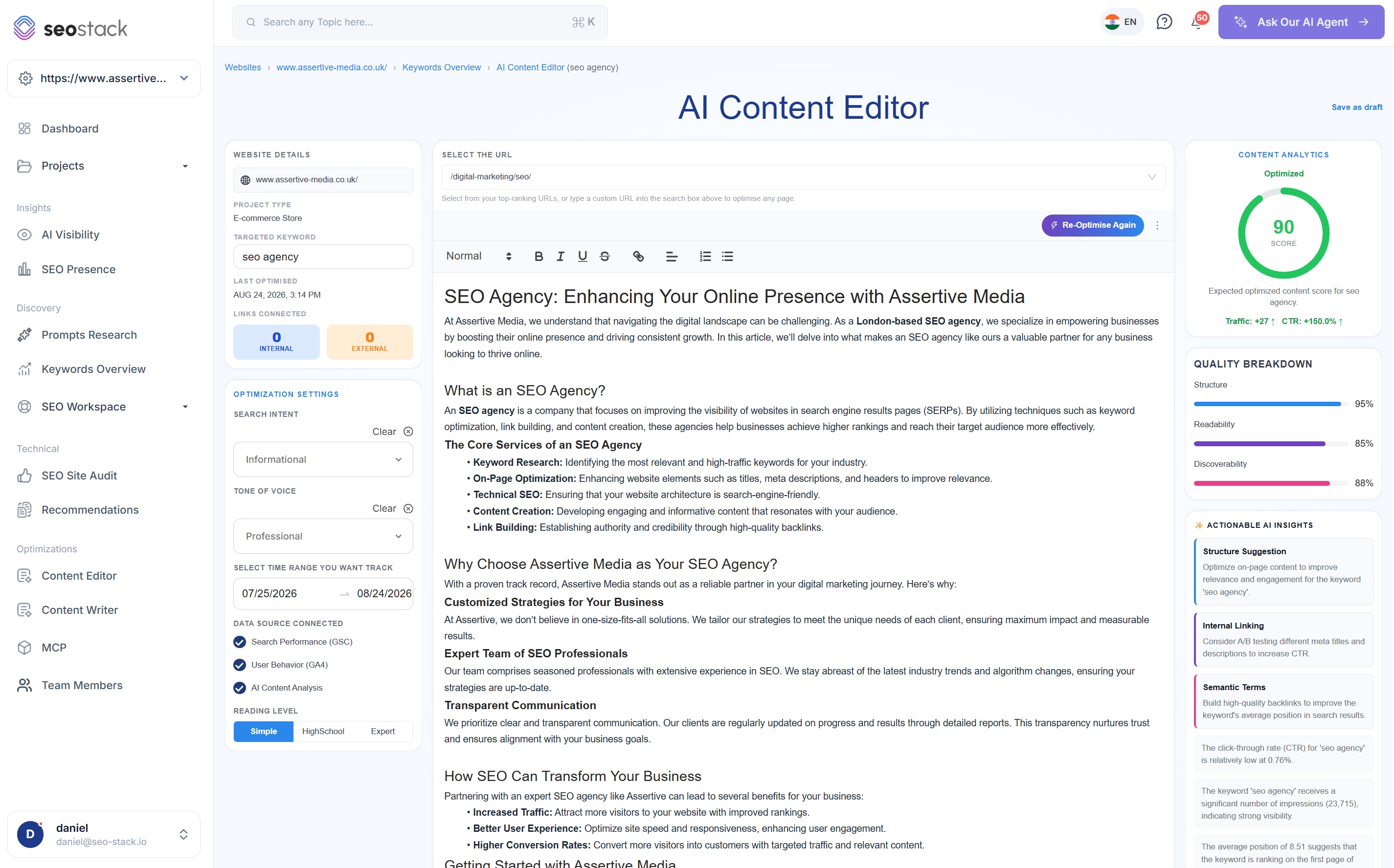 The AI Content Editor in SEO Stack with the settings panel, the draft article and the content analytics rail