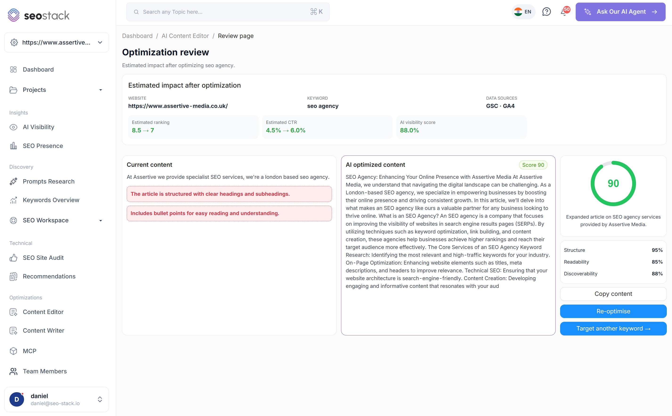 The optimisation review page in SEO Stack comparing current content with AI optimised content, with estimated ranking, CTR and AI visibility