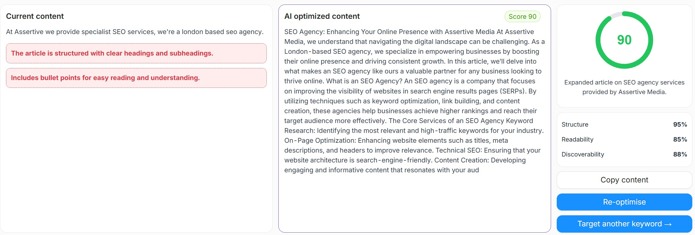 Current content against AI optimised content in SEO Stack, with the shortcomings of the current version flagged in red and a score of 90 against the optimised version