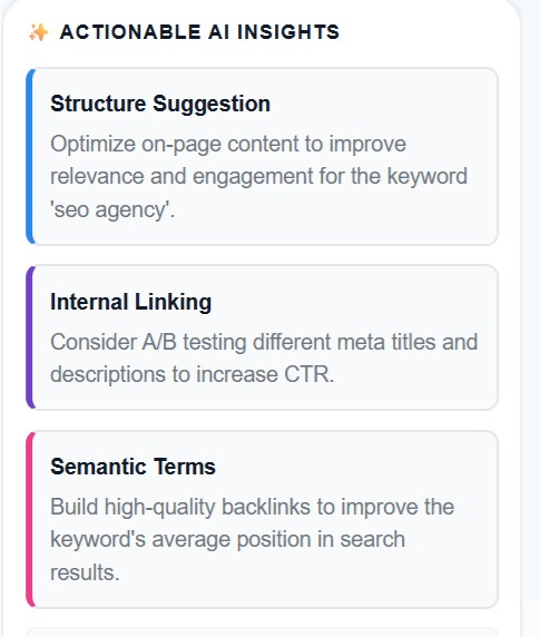 The actionable AI insights panel in the SEO Stack content editor with structure, internal linking and semantic term suggestions